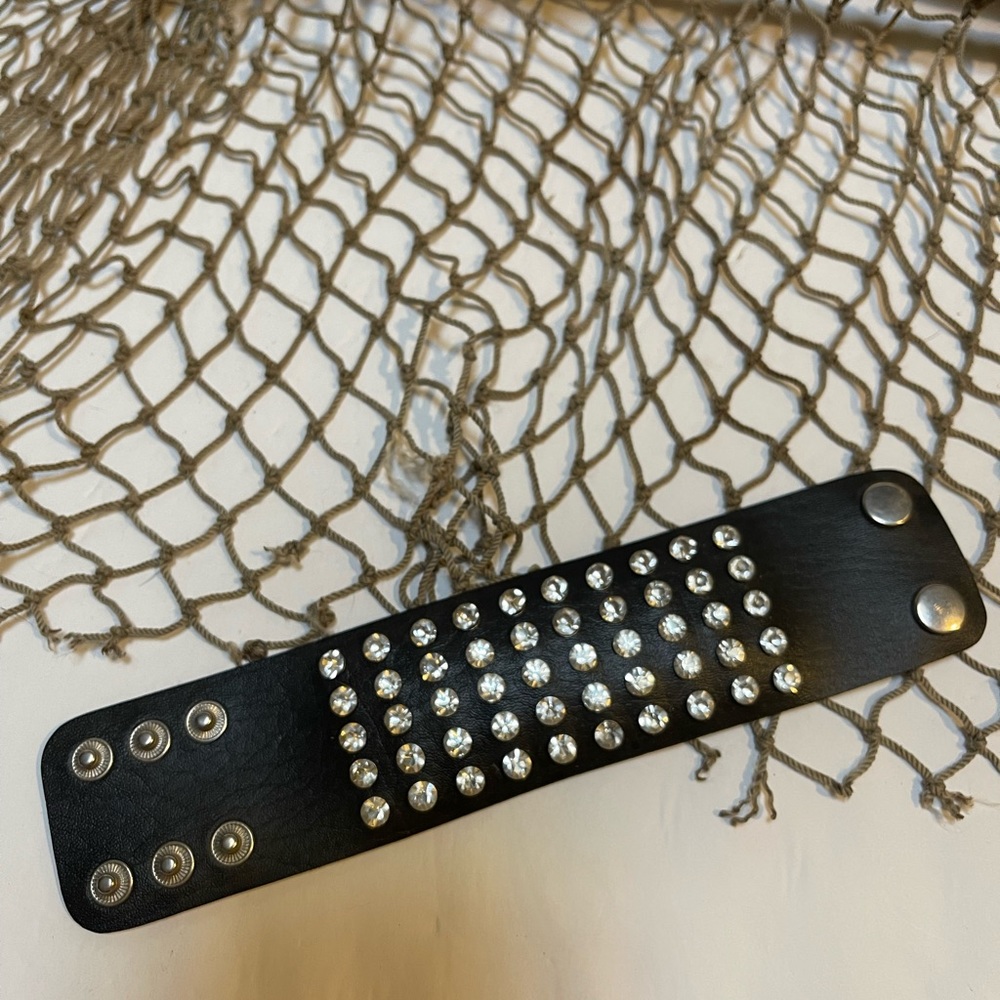 New Black Leather Bracelet with Crystals and Snap Closure